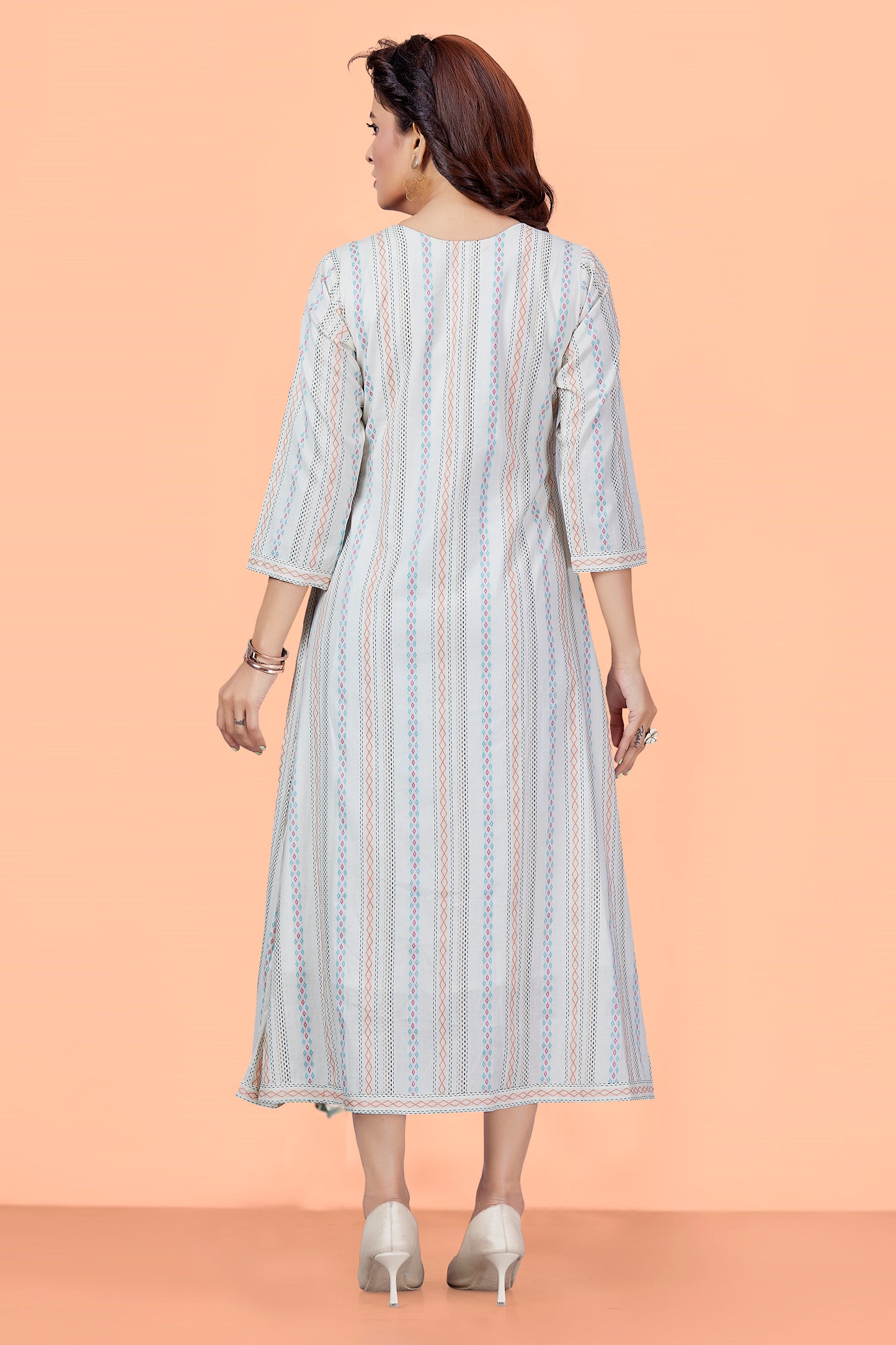 Multi Color Cotton Thread Work Stripe Round Neck Flared Kurta 