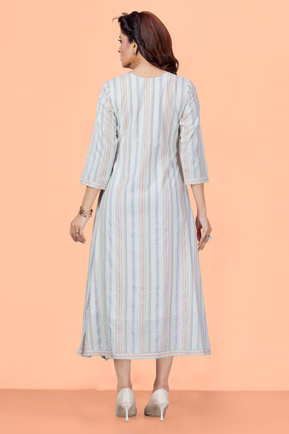 Multi Color Cotton Thread Work Stripe Round Neck Flared Kurta 