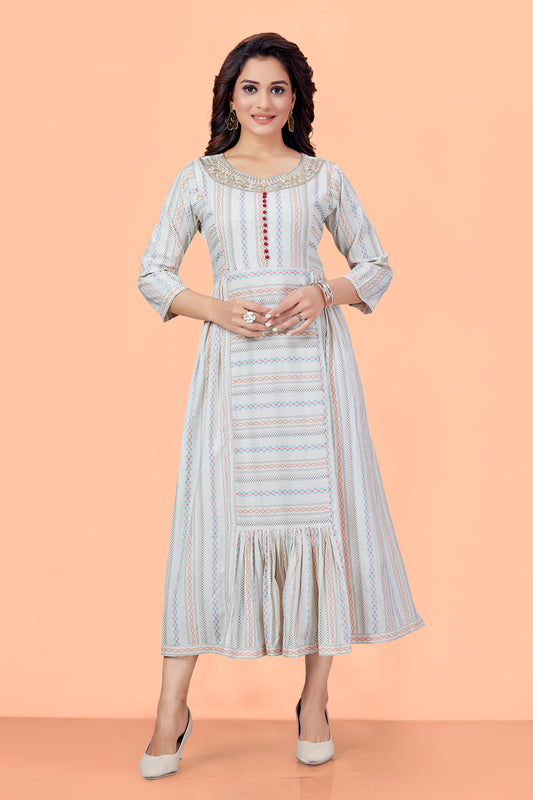 Multi Color Cotton Thread Work Stripe Round Neck Flared Kurta 