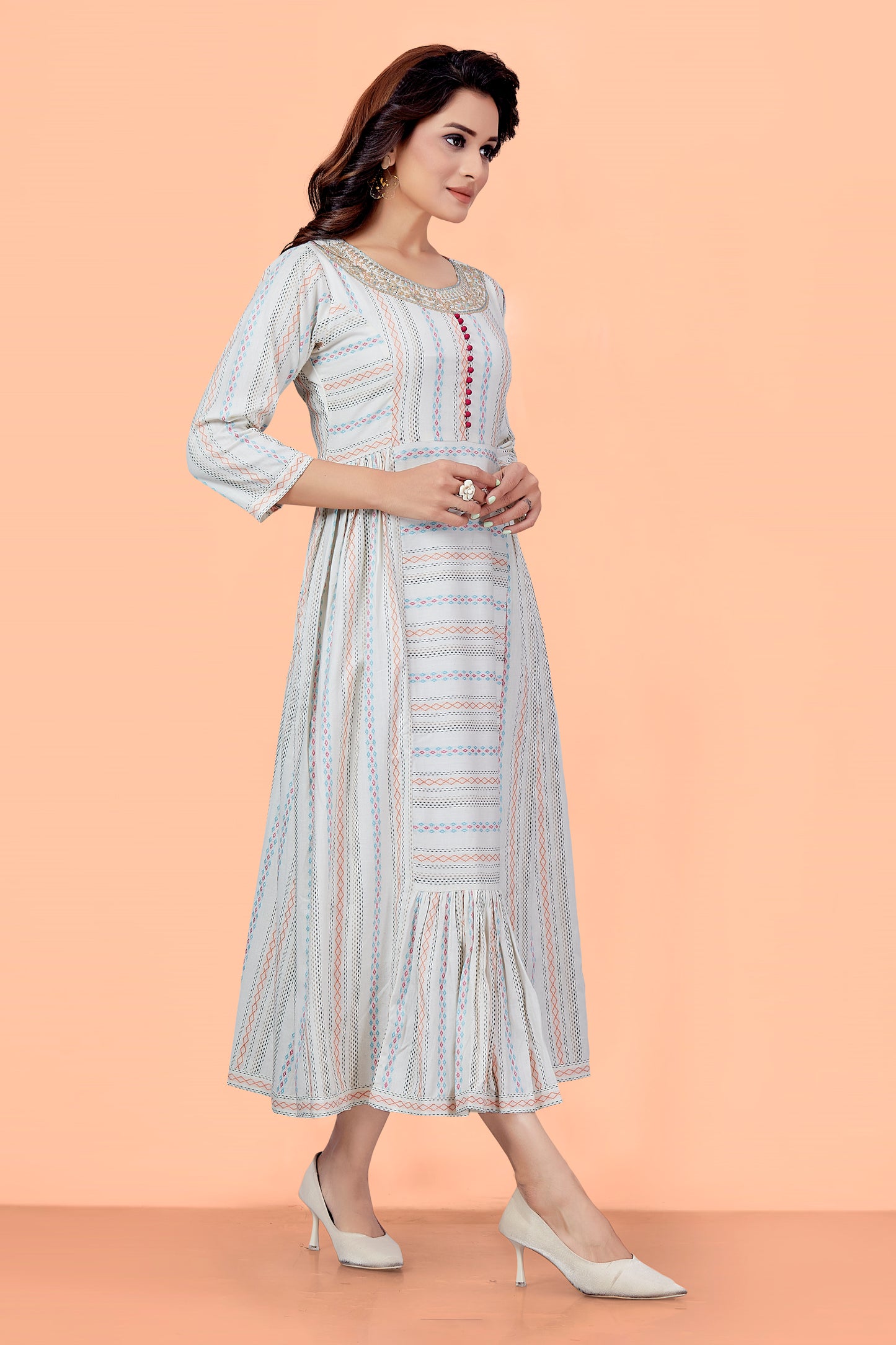 Multi Color Cotton Thread Work Stripe Round Neck Flared Kurta 