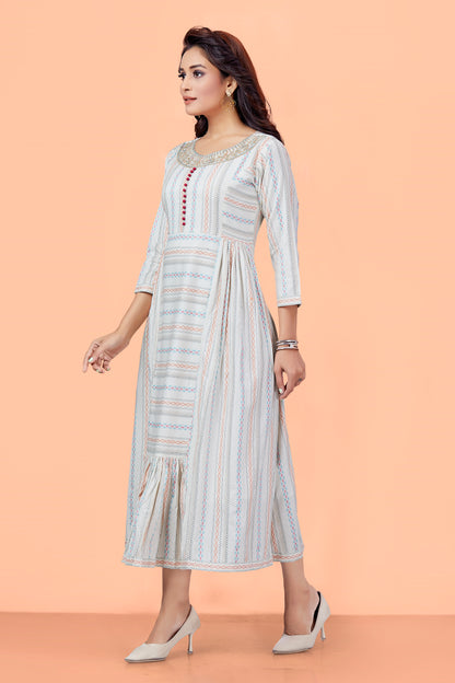 Multi Color Cotton Thread Work Stripe Round Neck Flared Kurta 