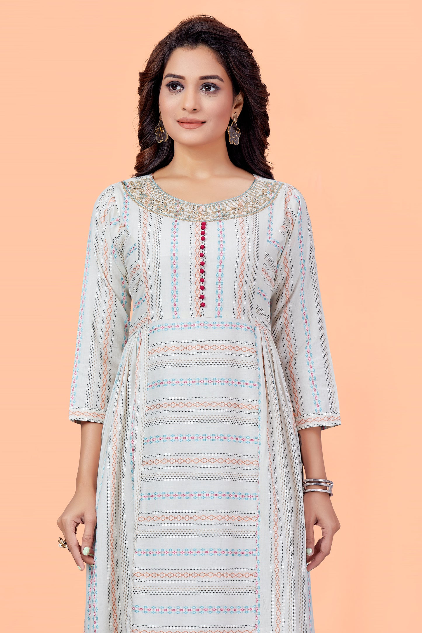 Multi Color Cotton Thread Work Stripe Round Neck Flared Kurta 