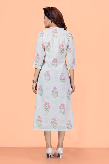 White Cotton Printed Floral Butta Mandarin Collar Kurta