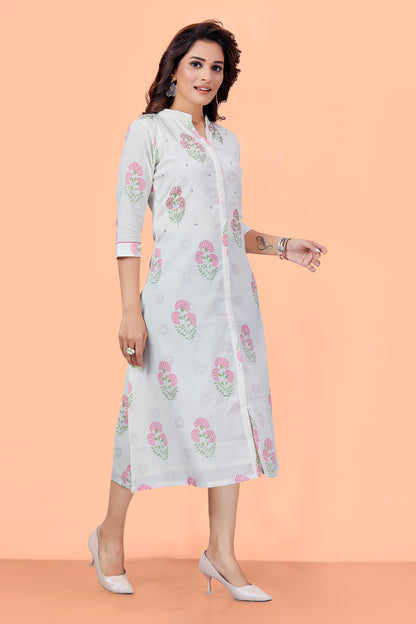 White Cotton Printed Floral Butta Mandarin Collar Kurta