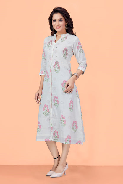 White Cotton Printed Floral Butta Mandarin Collar Kurta