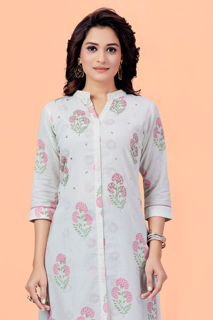 White Cotton Printed Floral Butta Mandarin Collar Kurta