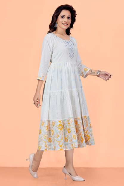 Off White Mul Cotton Printed Floral Round Neck Abstract Anarkali