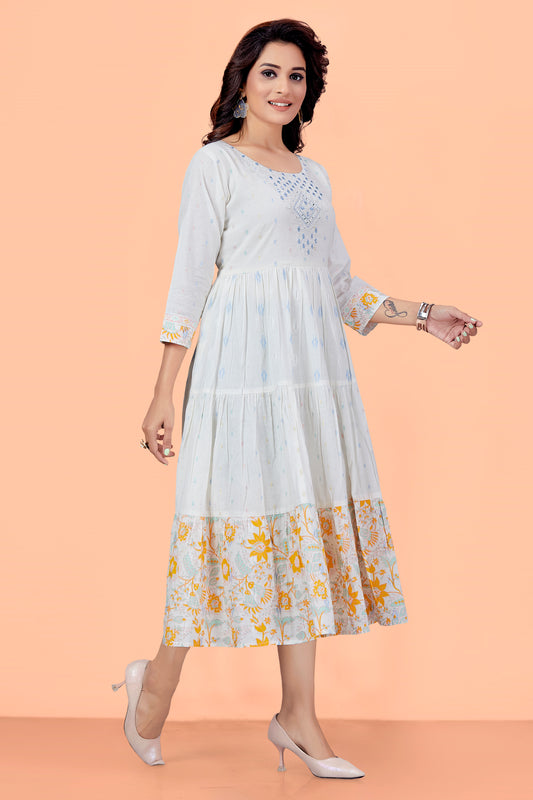 Off White Mul Cotton Printed Floral Round Neck Abstract Anarkali