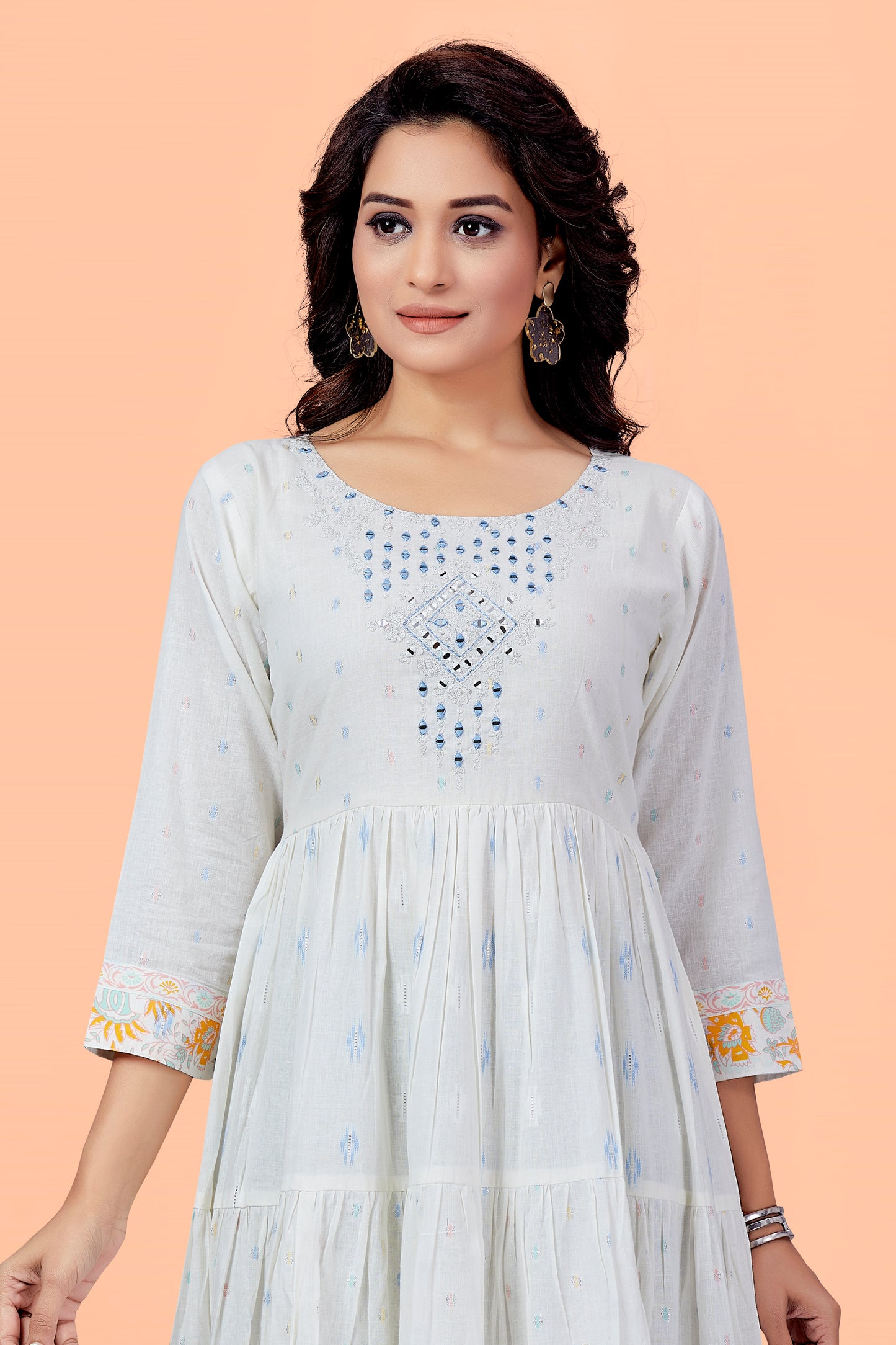 Off White Mul Cotton Printed Floral Round Neck Abstract Anarkali