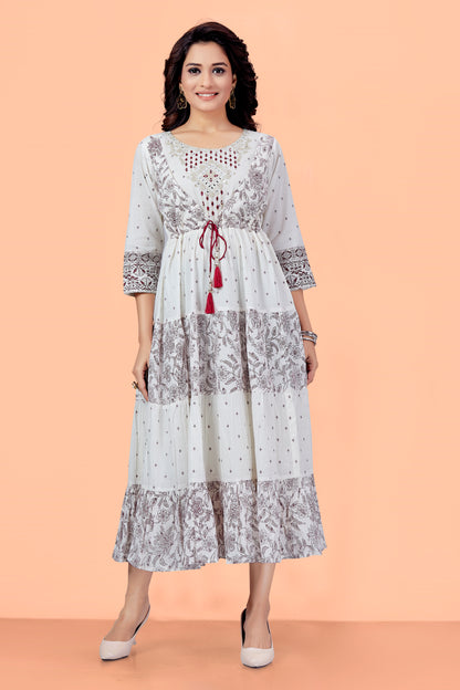 Off White Mul Cotton Printed Floral Round Neck Anarkali