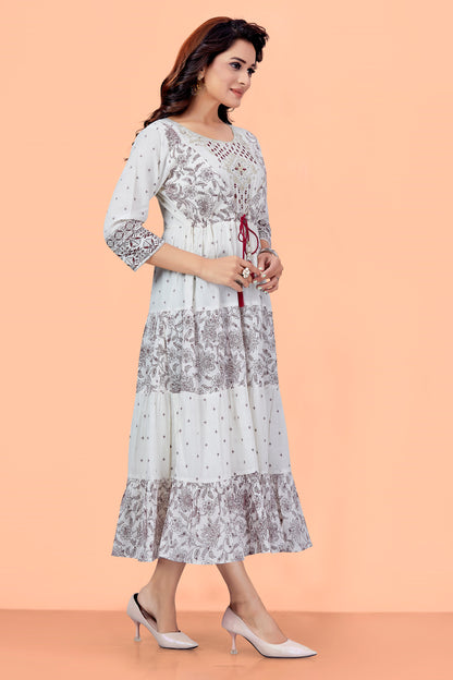 Off White Mul Cotton Printed Floral Round Neck Anarkali