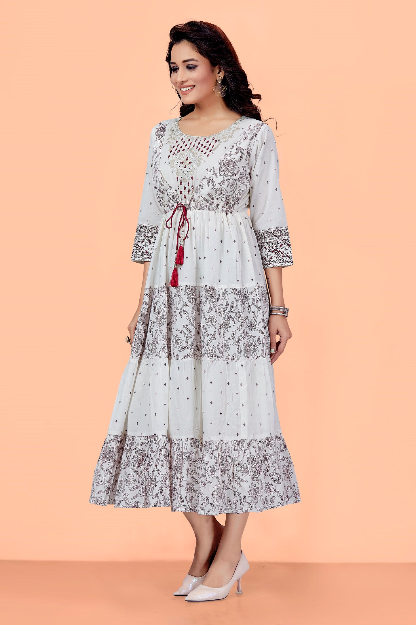 Off White Mul Cotton Printed Floral Round Neck Anarkali