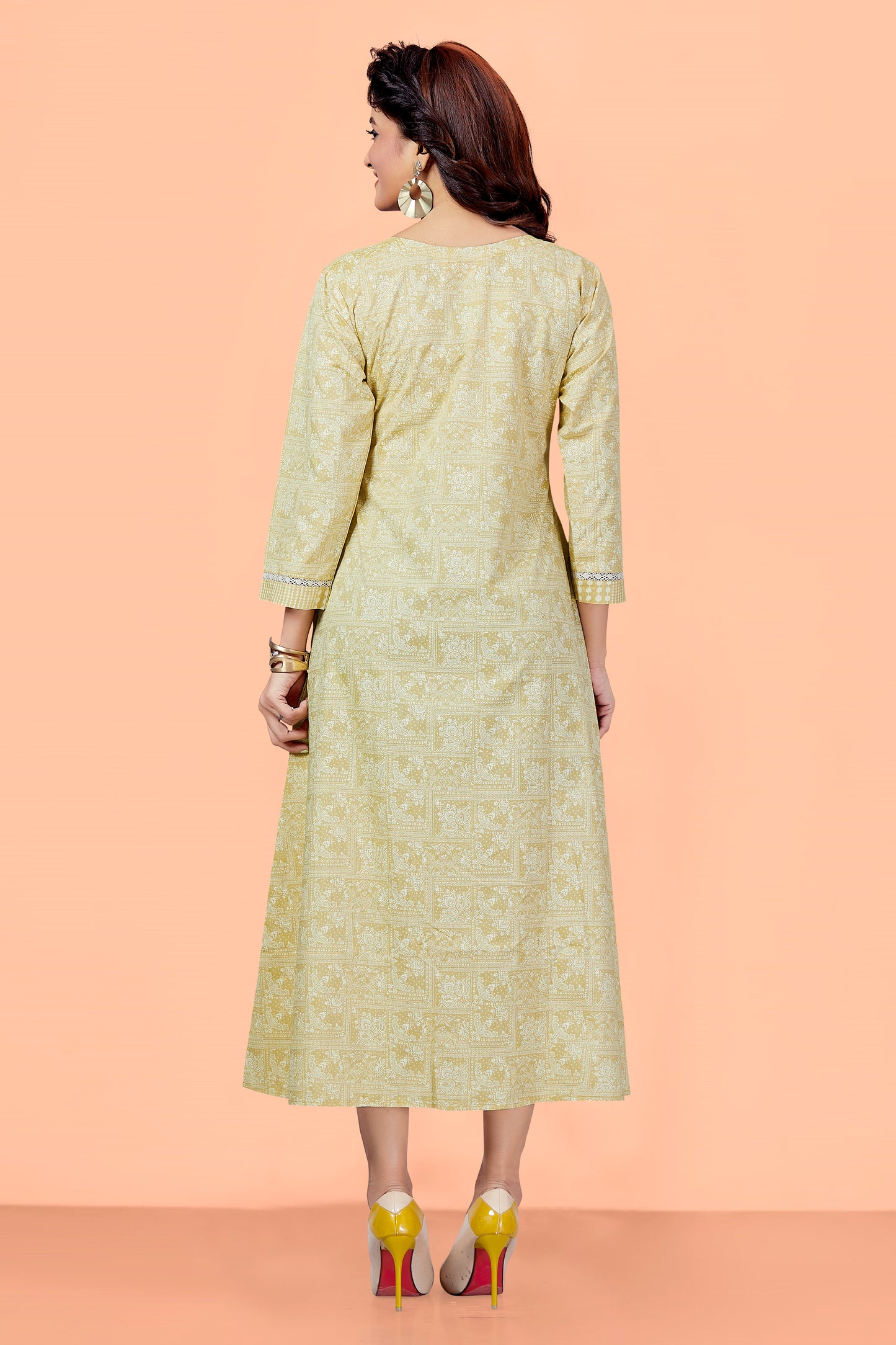 Yellow Cotton Printed Floral Round Neck Checkered Flared Kurta For Women