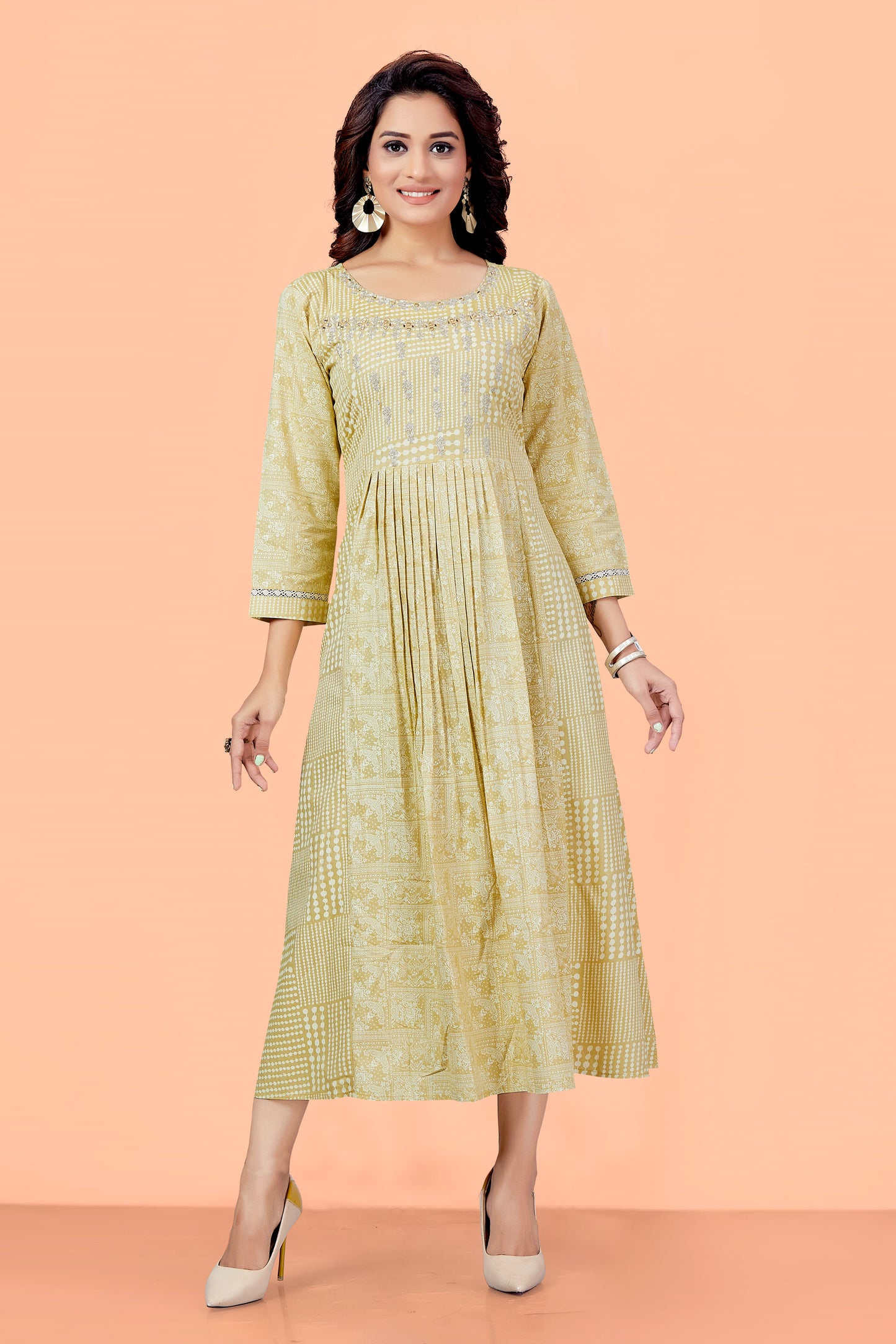 Yellow Cotton Printed Floral Round Neck Checkered Flared Kurta For Women