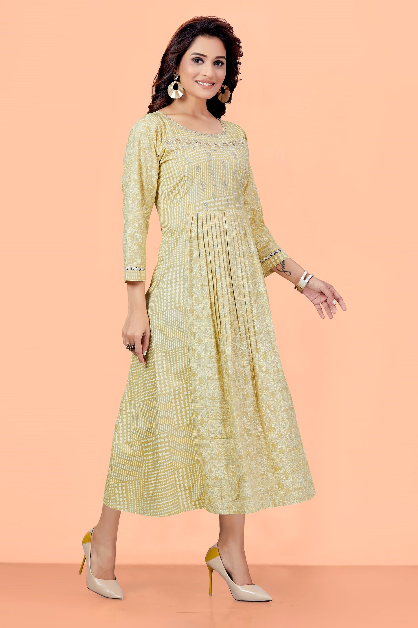 Yellow Cotton Printed Floral Round Neck Checkered Flared Kurta For Women