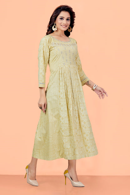 Yellow Cotton Printed Floral Round Neck Checkered Flared Kurta For Women