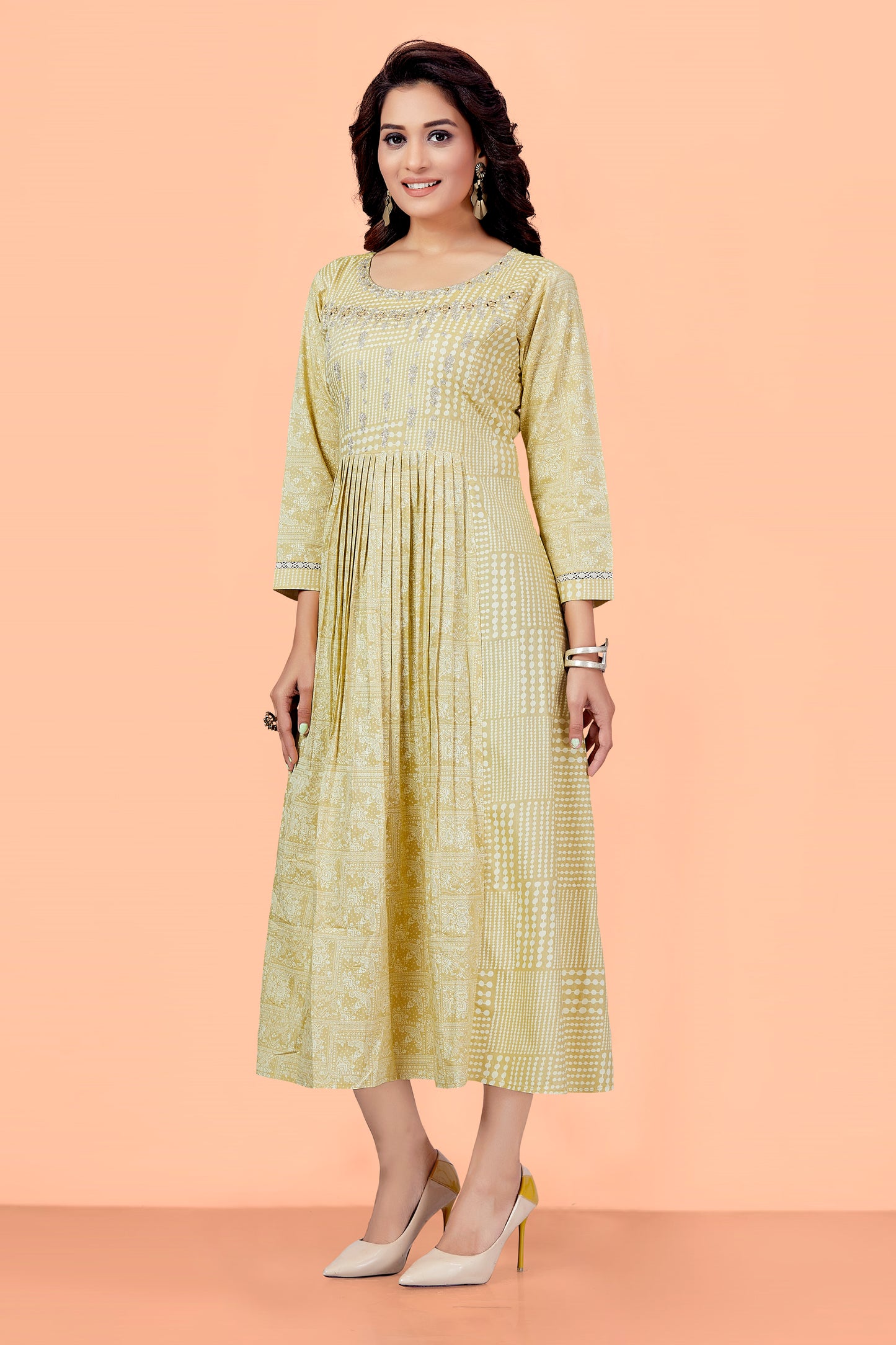 Yellow Cotton Printed Floral Round Neck Checkered Flared Kurta For Women