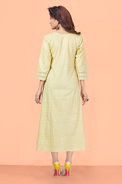 Yellow Cotton Printed Floral Round Neck Checkered Flared Kurta For Women