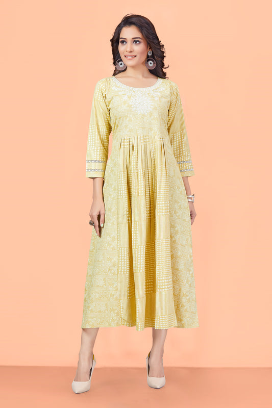 Yellow Cotton Printed Floral Round Neck Checkered Flared Kurta For Women