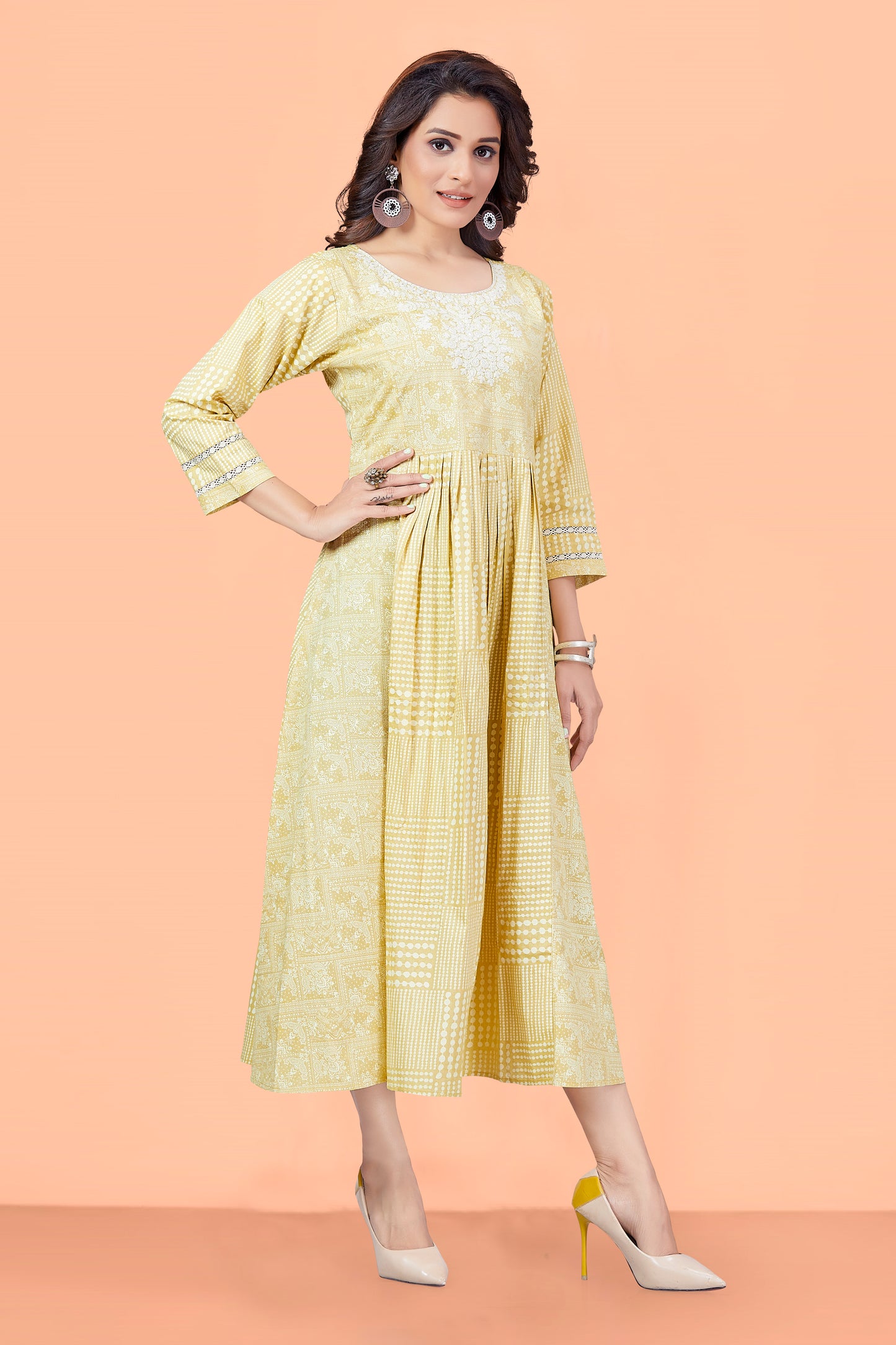 Yellow Cotton Printed Floral Round Neck Checkered Flared Kurta For Women