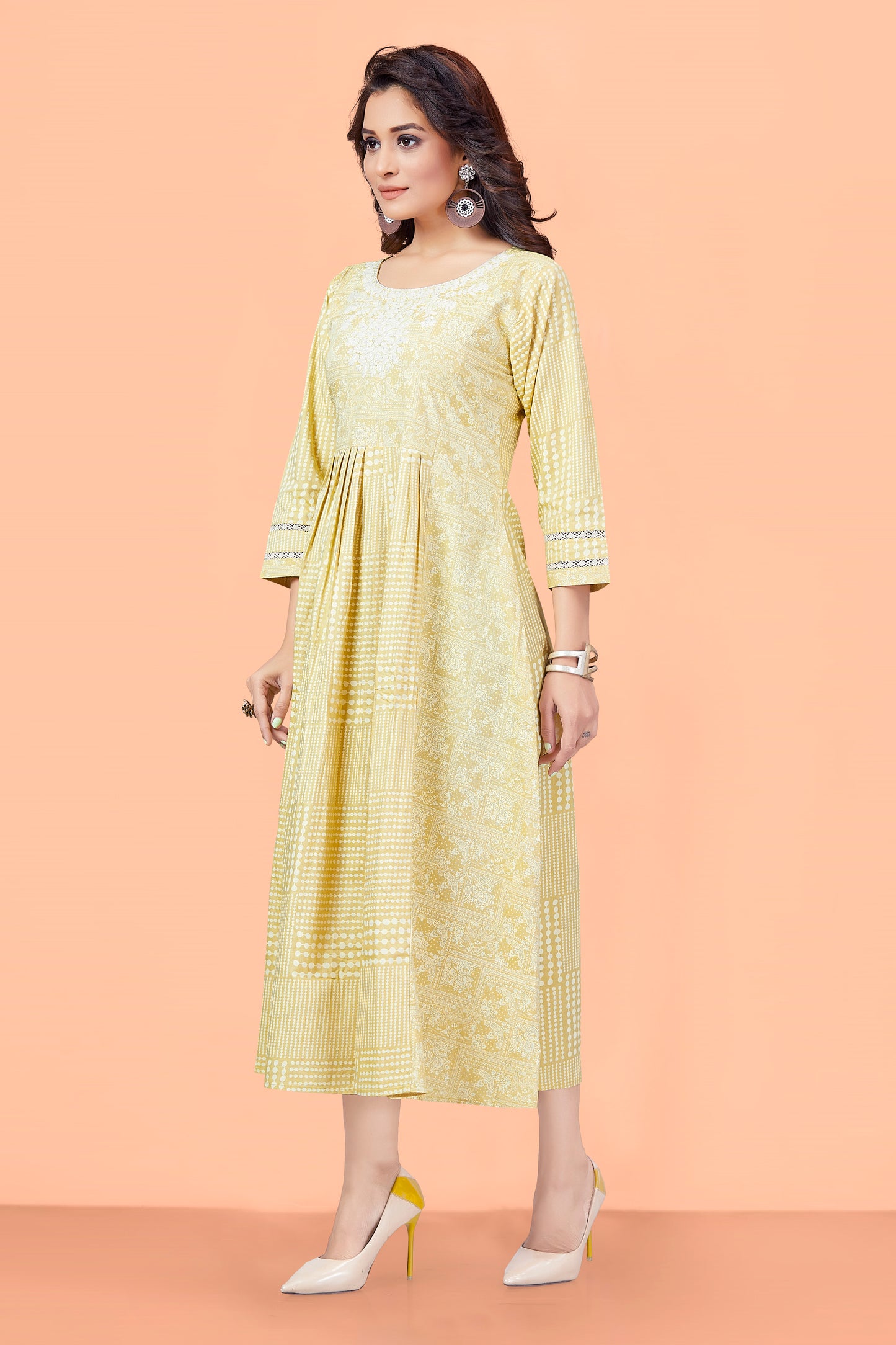 Yellow Cotton Printed Floral Round Neck Checkered Flared Kurta For Women