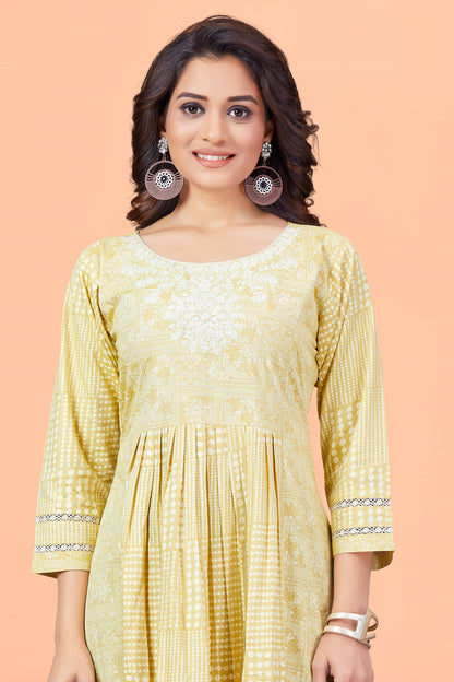 Yellow Cotton Printed Floral Round Neck Checkered Flared Kurta For Women