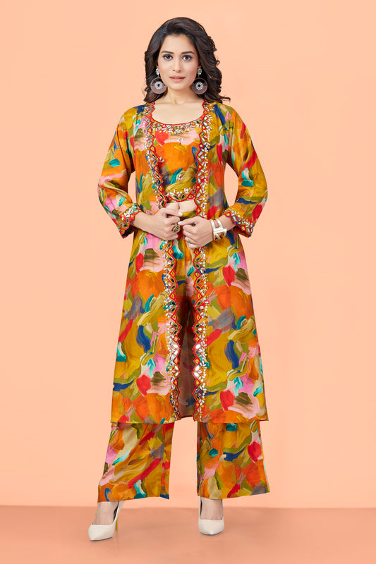 Yellow Muslin Printed Abstract Jacket