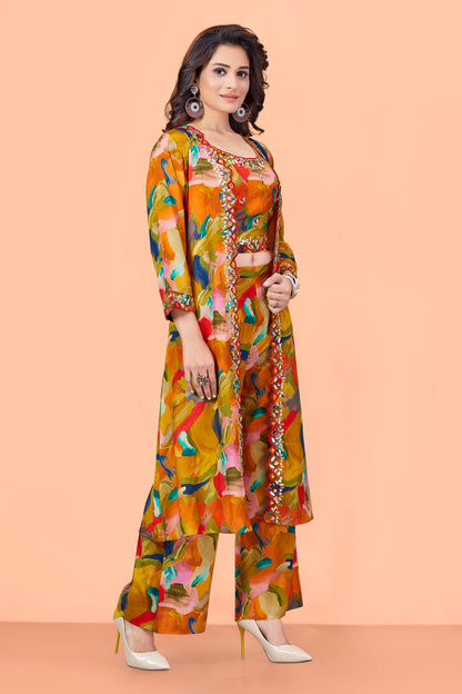 Yellow Muslin Printed Abstract Jacket