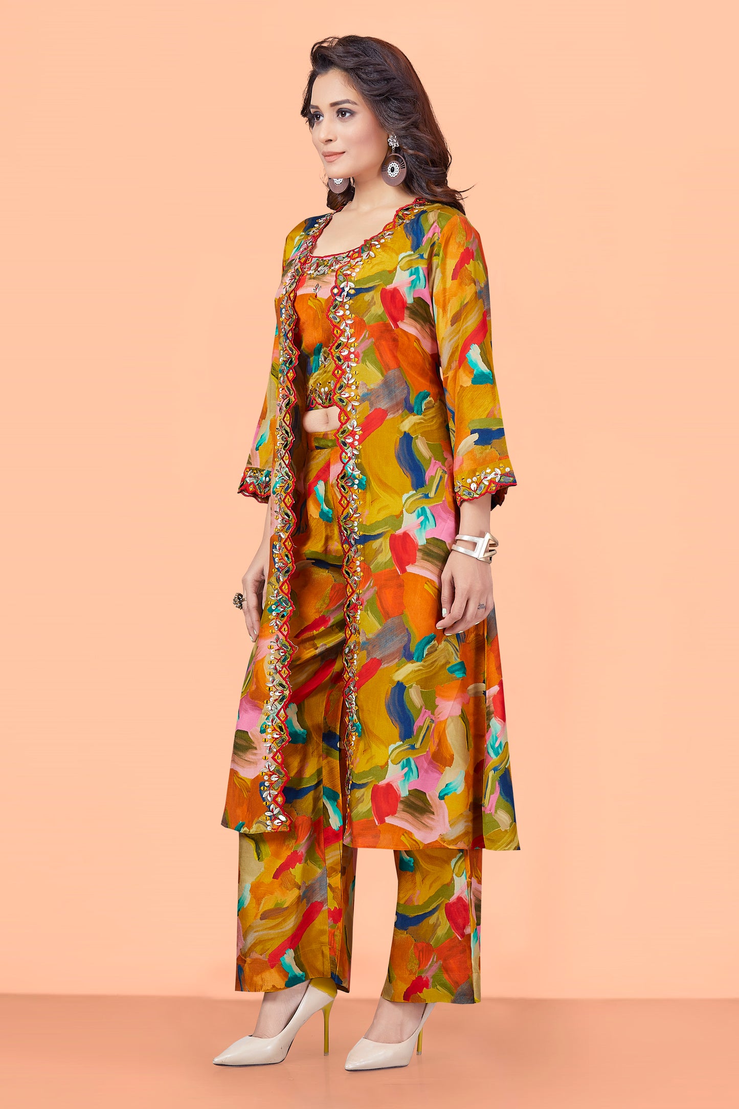 Yellow Muslin Printed Abstract Jacket