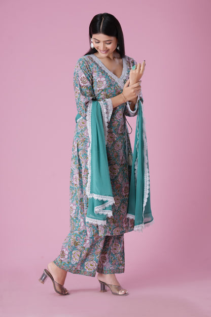 Teal Blue HandBlock Printed Anarkali Set