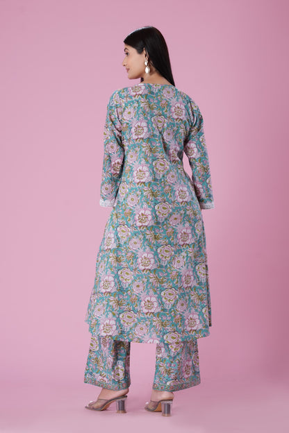 Teal Blue HandBlock Printed Anarkali Set