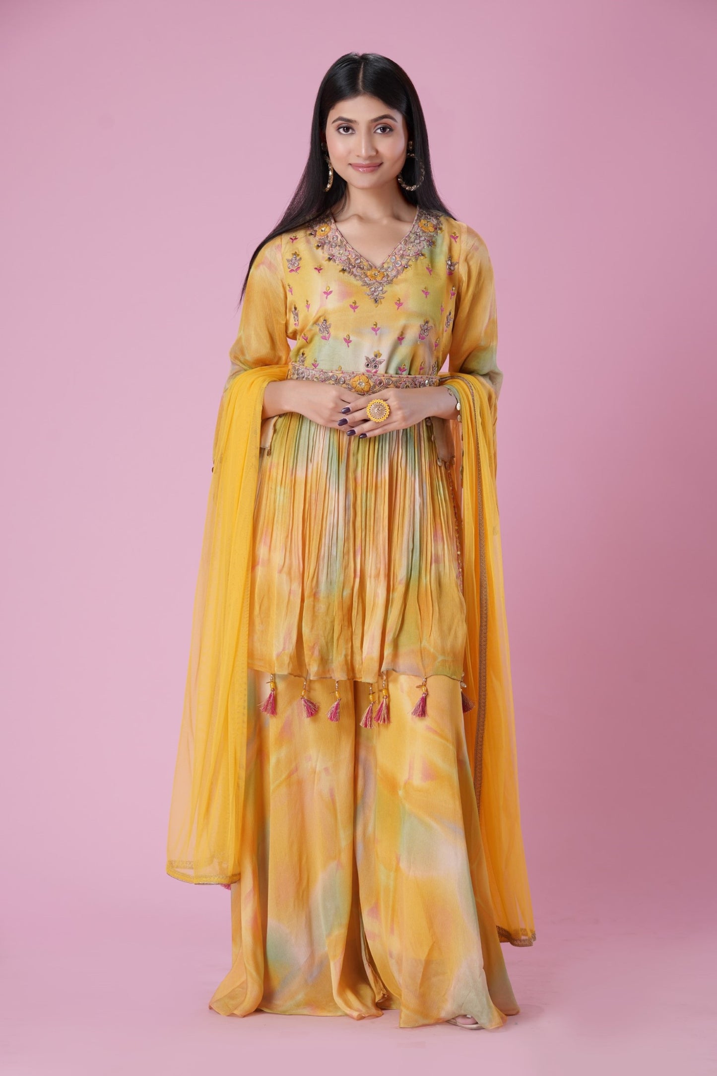 Yellow Multicolour HandEmbroidred Sharara Set