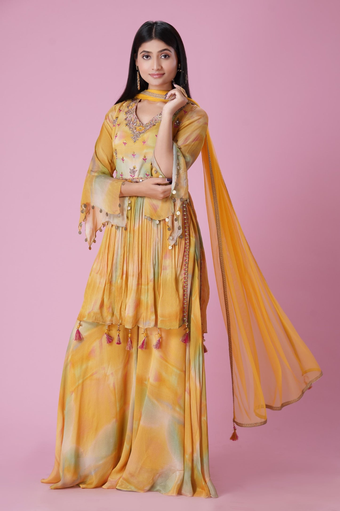 Yellow Multicolour HandEmbroidred Sharara Set