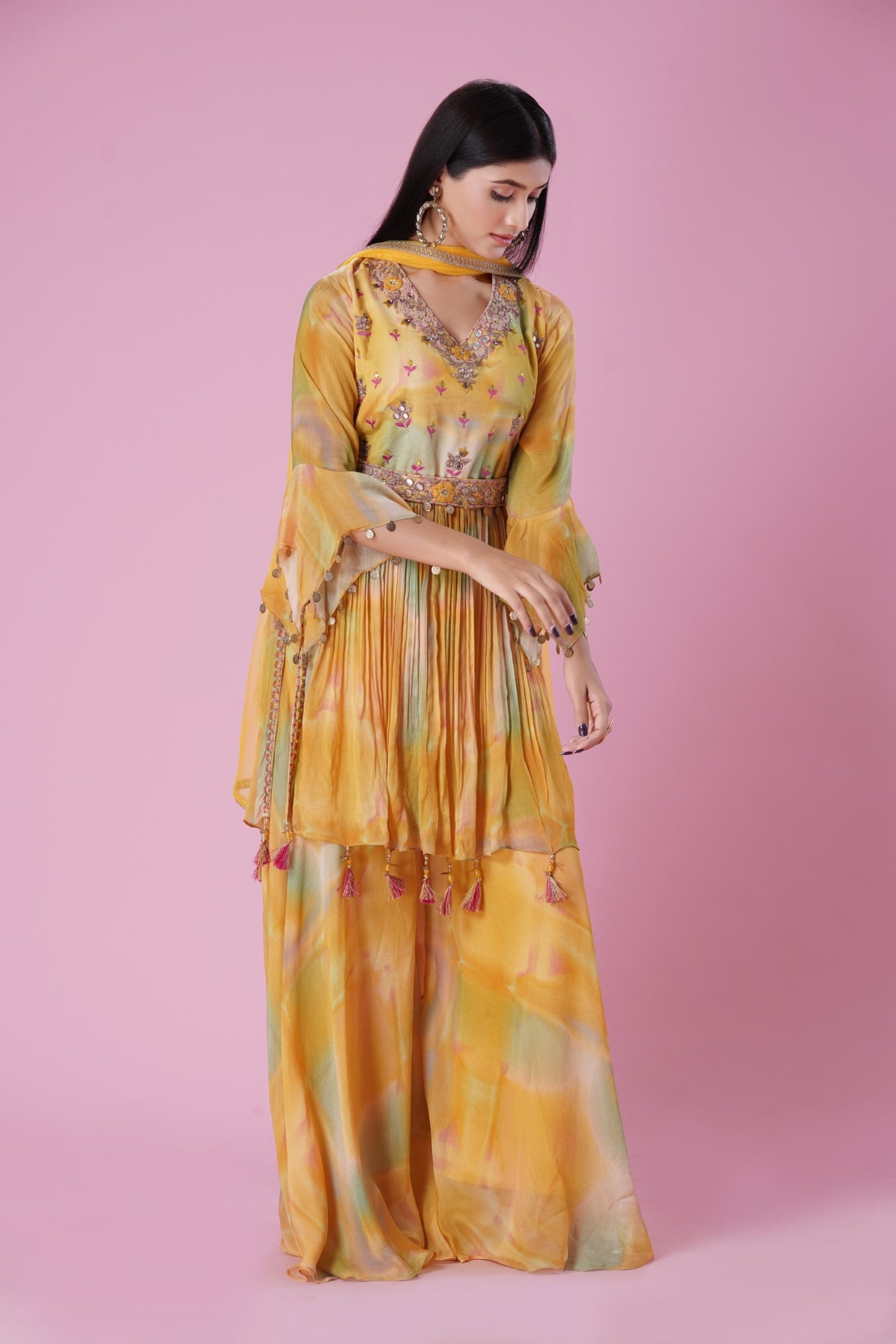 Yellow Multicolour HandEmbroidred Sharara Set