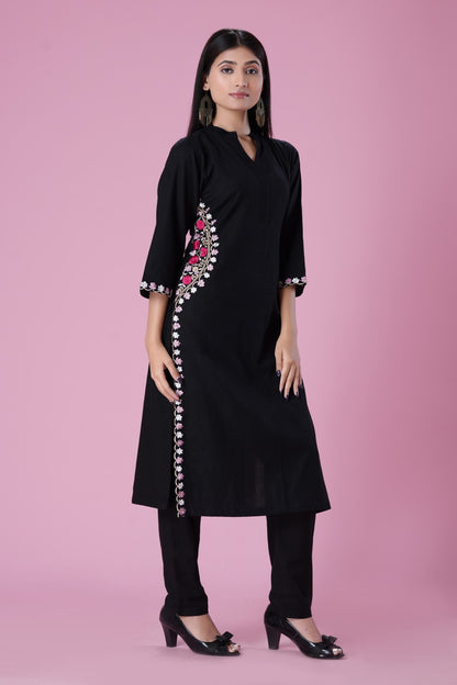 Black Hand Machine Embroidred Kurta Set