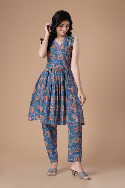 Teal Blue HandBlock Printed Co-Ord Set