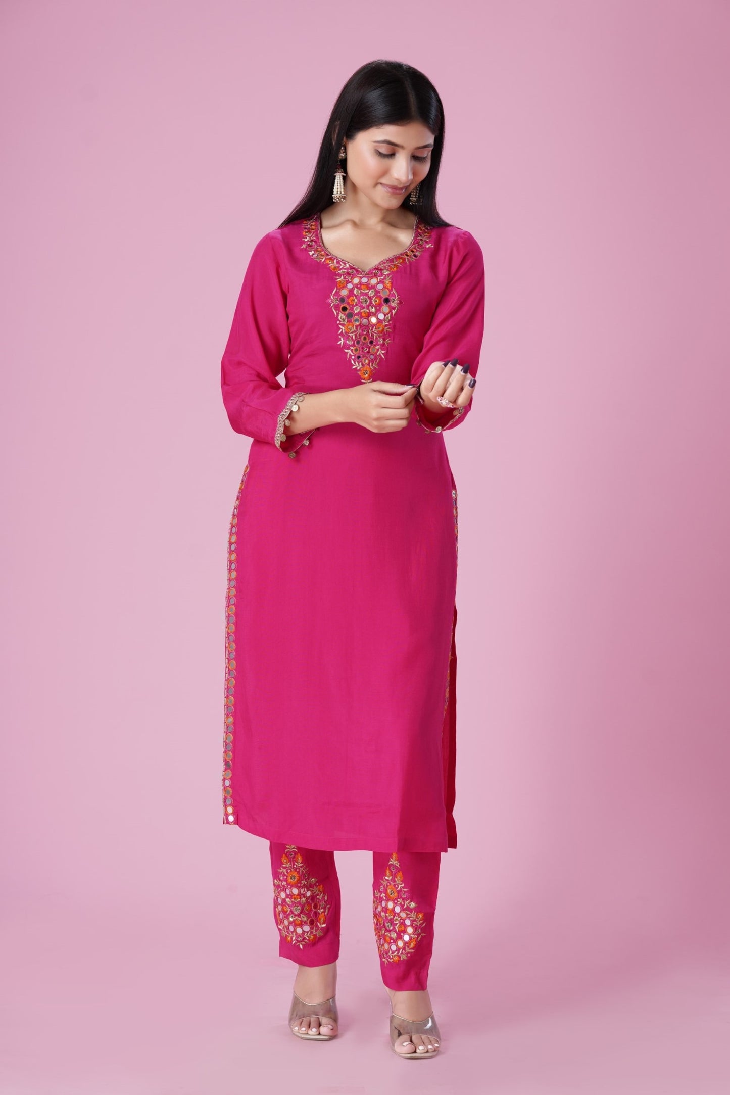 Pink Mirror Work Kurta Set