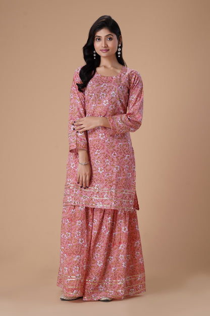 Peach HandBlock Printed Sharara Set