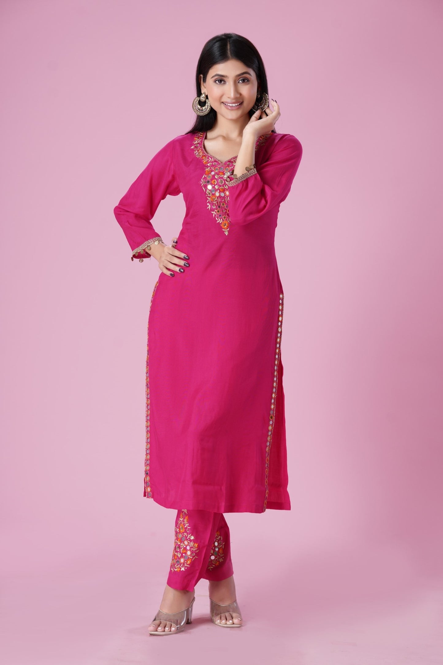 Pink Mirror Work Kurta Set