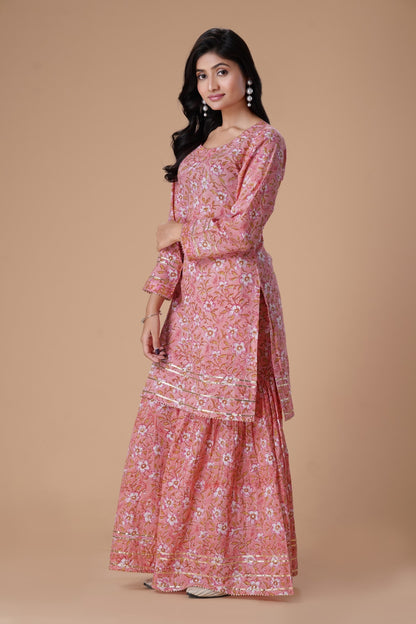 Peach HandBlock Printed Sharara Set