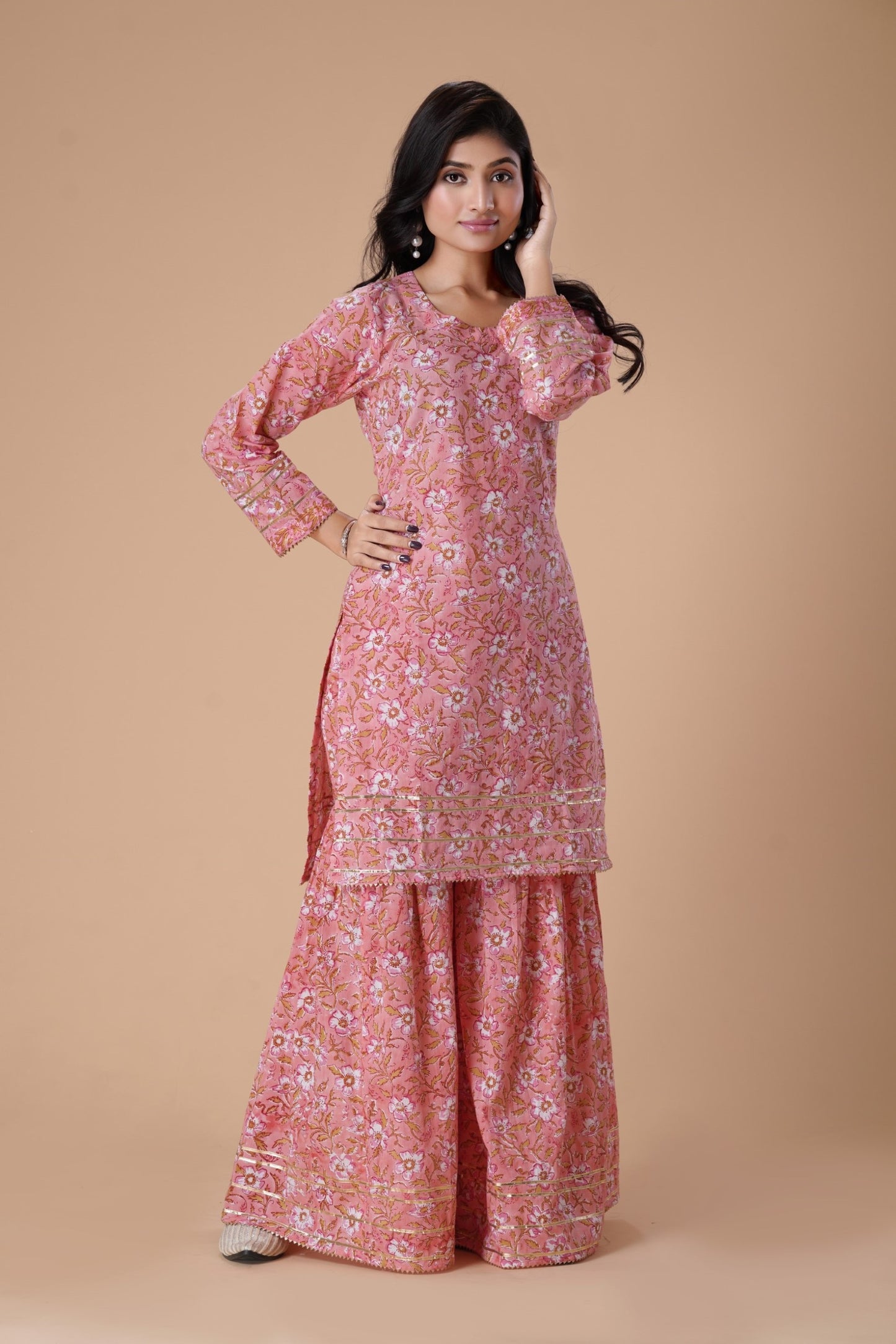 Peach HandBlock Printed Sharara Set