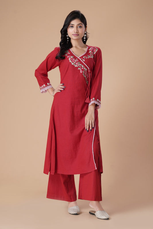 Red Floral Embroidered Thread Work V-Neck Angrakha Pure Cotton Kurta With Palazzos