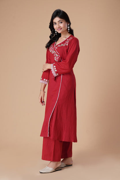 Red Floral Embroidered Thread Work V-Neck Angrakha Pure Cotton Kurta With Palazzos