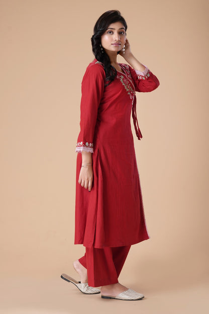 Red Floral Embroidered Thread Work V-Neck Angrakha Pure Cotton Kurta With Palazzos