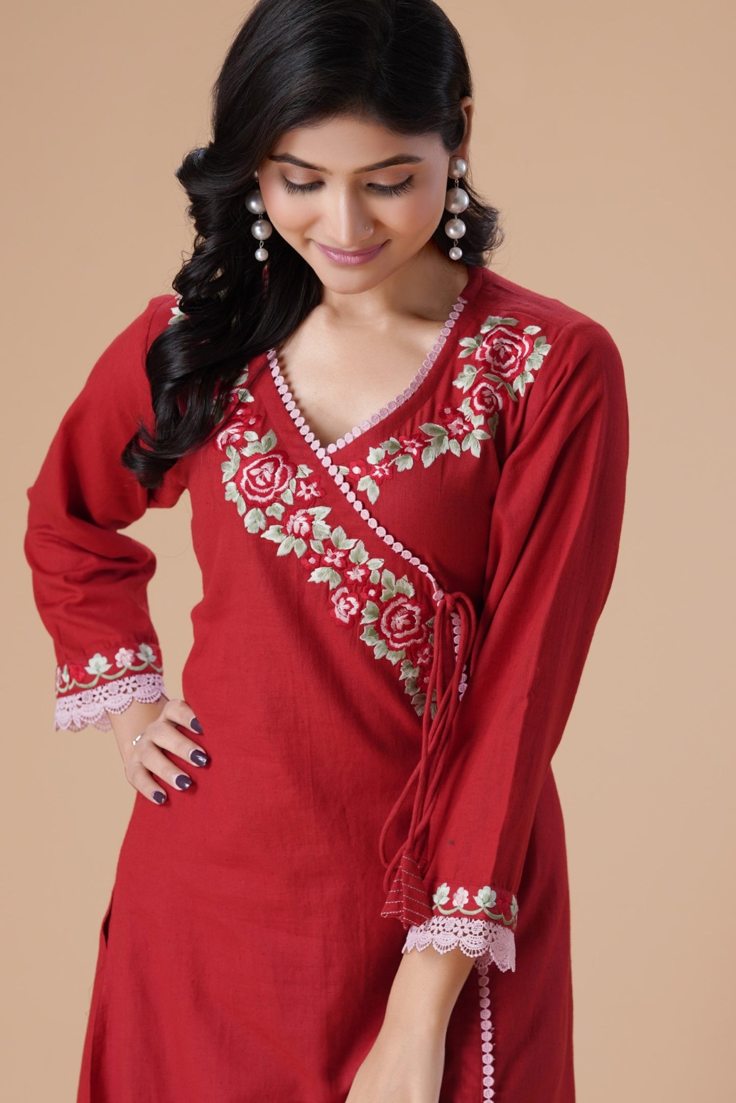 Red Floral Embroidered Thread Work V-Neck Angrakha Pure Cotton Kurta With Palazzos