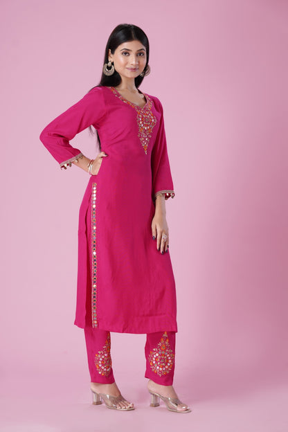 Pink Mirror Work Kurta Set