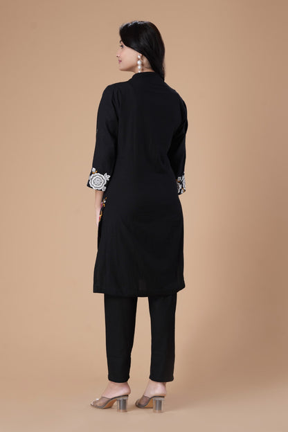 Black Floral Embroidered Thread Work Mandarin Collar Pure Cotton Kurta With Trousers