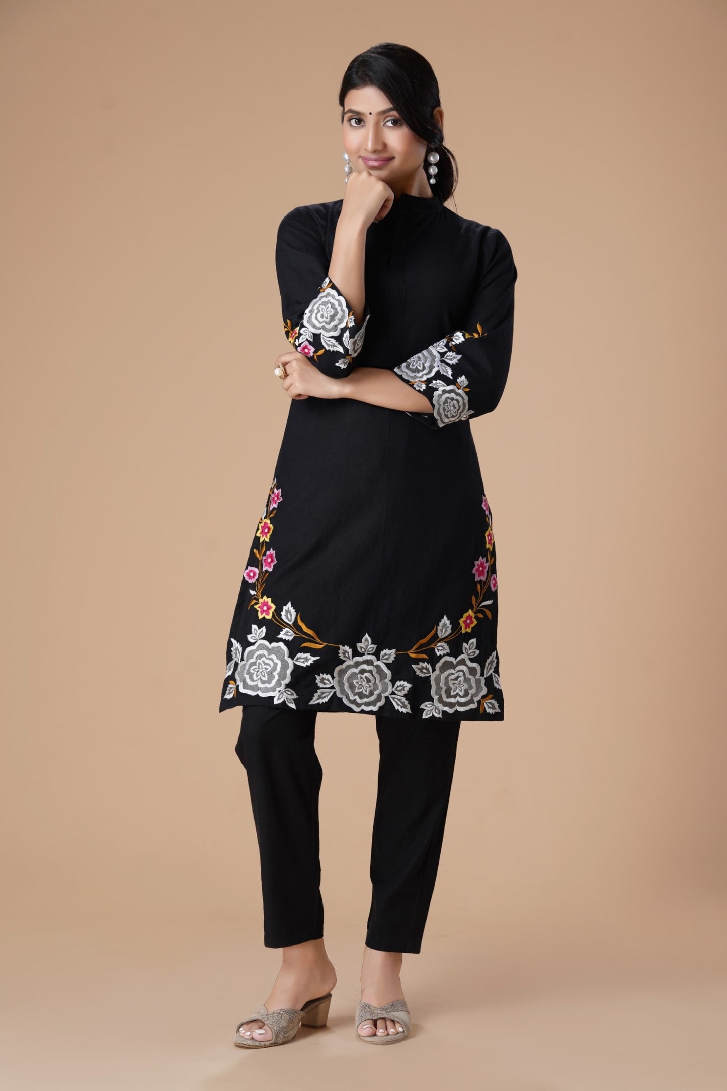 Black Floral Embroidered Thread Work Mandarin Collar Pure Cotton Kurta With Trousers