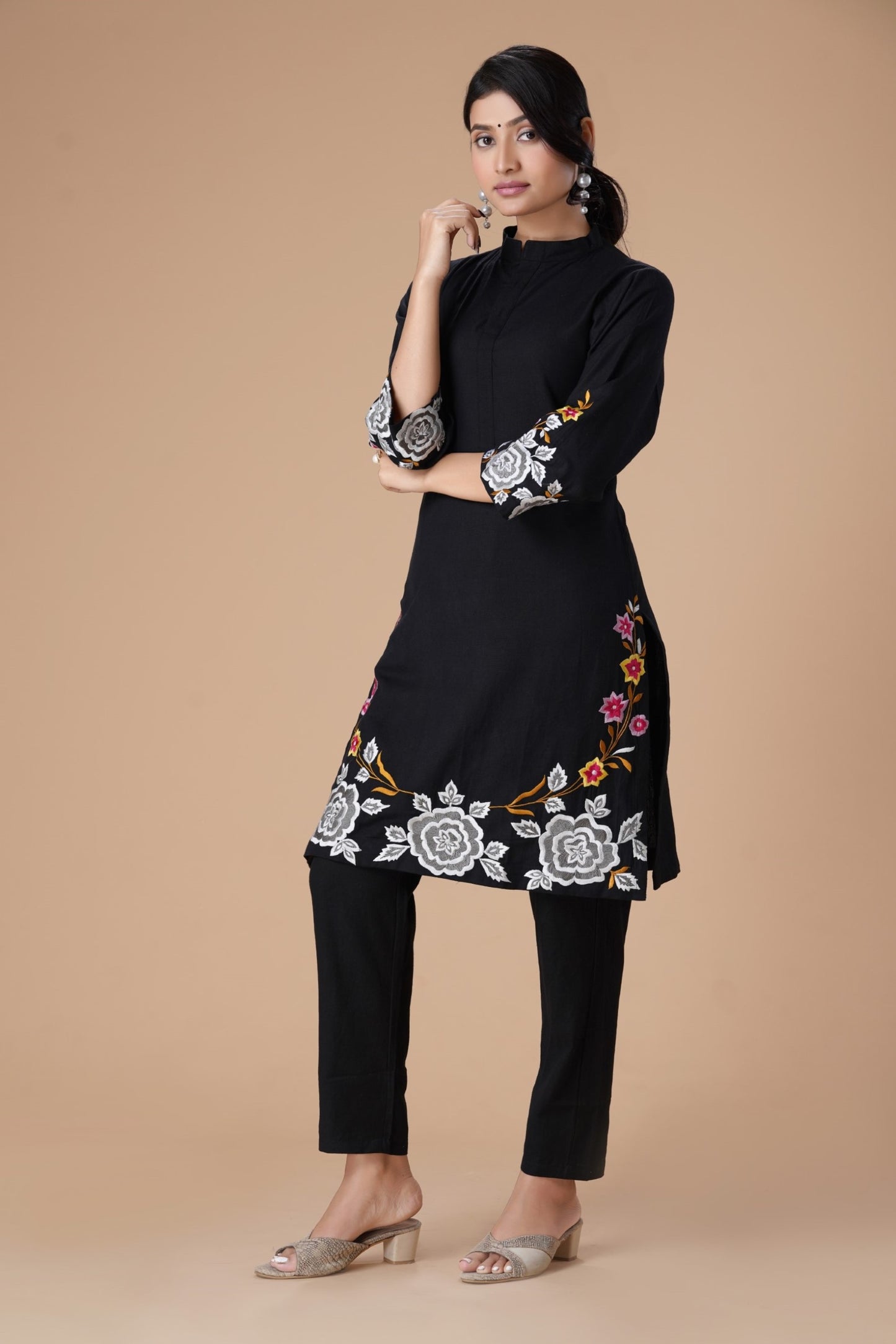 Black Floral Embroidered Thread Work Mandarin Collar Pure Cotton Kurta With Trousers