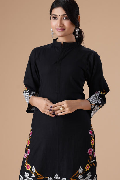 Black Floral Embroidered Thread Work Mandarin Collar Pure Cotton Kurta With Trousers